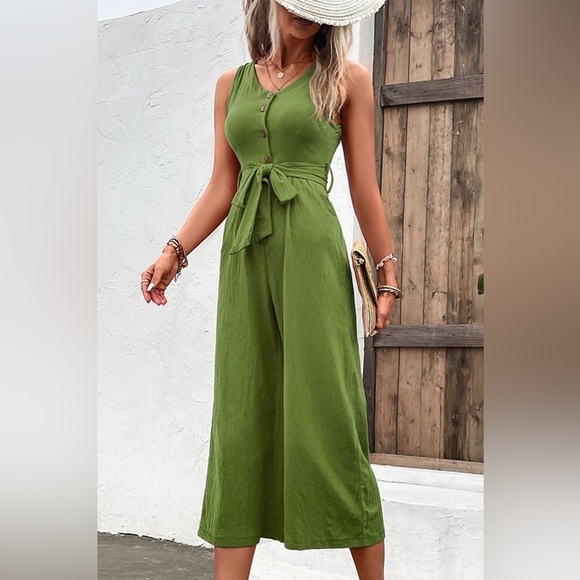 Summer Quench Button Front V Neck Tie Waist Jumpsuit - Picture 4 of 7